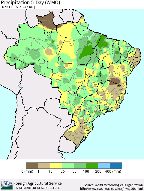 Brazil Precipitation 5-Day (WMO) Thematic Map For 3/11/2023 - 3/15/2023