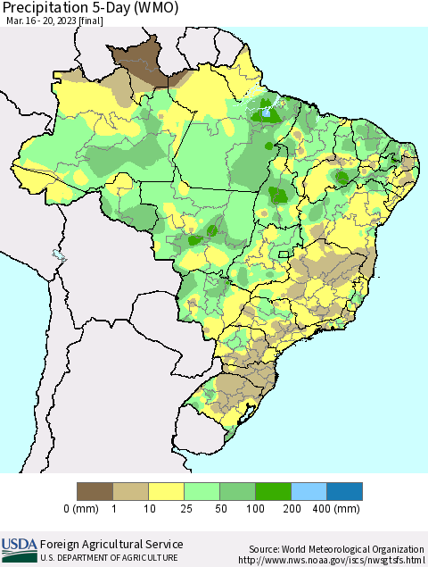 Brazil Precipitation 5-Day (WMO) Thematic Map For 3/16/2023 - 3/20/2023