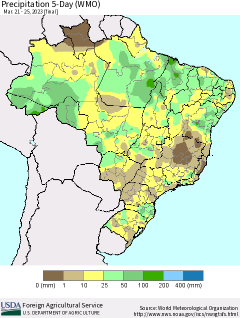 Brazil Precipitation 5-Day (WMO) Thematic Map For 3/21/2023 - 3/25/2023