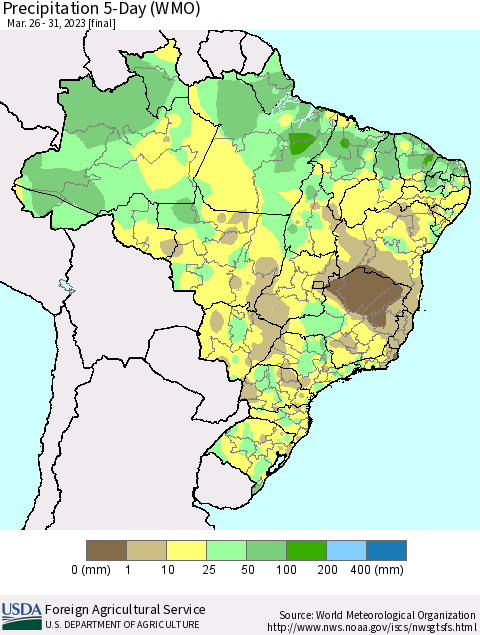 Brazil Precipitation 5-Day (WMO) Thematic Map For 3/26/2023 - 3/31/2023