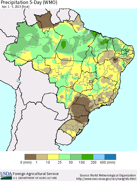 Brazil Precipitation 5-Day (WMO) Thematic Map For 4/1/2023 - 4/5/2023