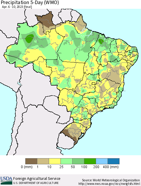 Brazil Precipitation 5-Day (WMO) Thematic Map For 4/6/2023 - 4/10/2023