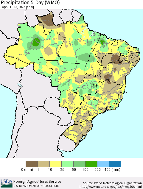 Brazil Precipitation 5-Day (WMO) Thematic Map For 4/11/2023 - 4/15/2023