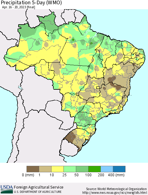Brazil Precipitation 5-Day (WMO) Thematic Map For 4/16/2023 - 4/20/2023