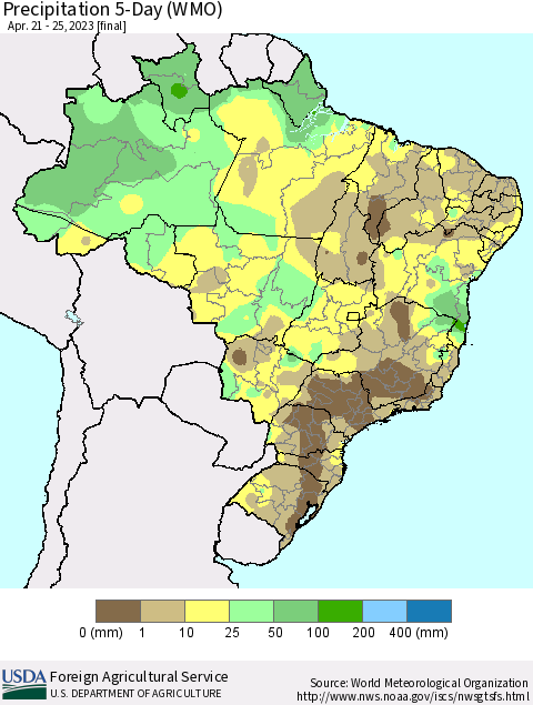 Brazil Precipitation 5-Day (WMO) Thematic Map For 4/21/2023 - 4/25/2023