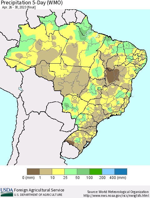 Brazil Precipitation 5-Day (WMO) Thematic Map For 4/26/2023 - 4/30/2023