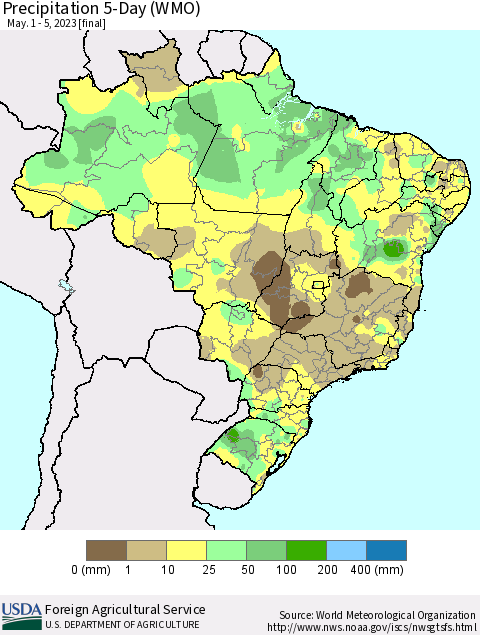 Brazil Precipitation 5-Day (WMO) Thematic Map For 5/1/2023 - 5/5/2023