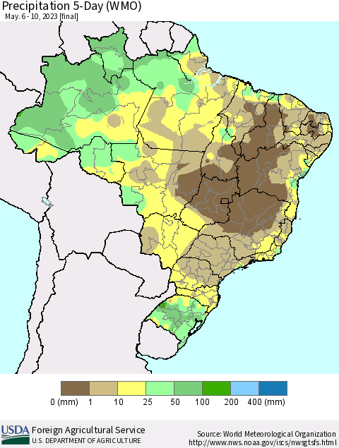 Brazil Precipitation 5-Day (WMO) Thematic Map For 5/6/2023 - 5/10/2023