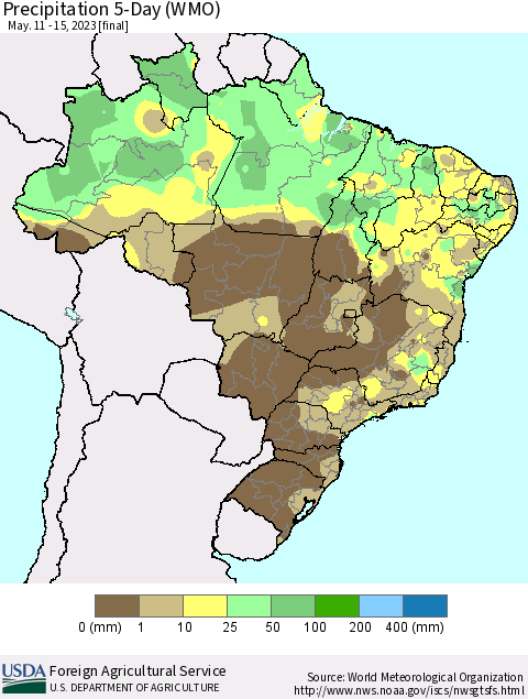 Brazil Precipitation 5-Day (WMO) Thematic Map For 5/11/2023 - 5/15/2023
