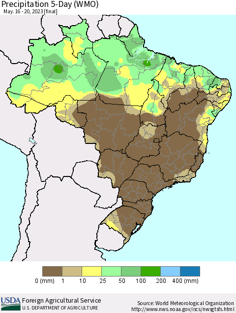 Brazil Precipitation 5-Day (WMO) Thematic Map For 5/16/2023 - 5/20/2023