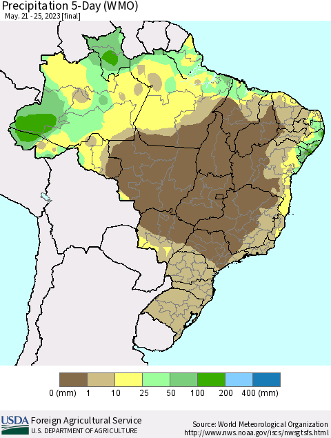 Brazil Precipitation 5-Day (WMO) Thematic Map For 5/21/2023 - 5/25/2023