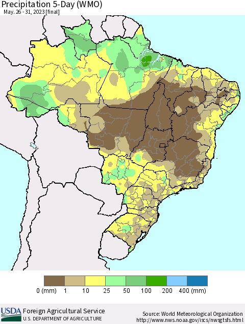 Brazil Precipitation 5-Day (WMO) Thematic Map For 5/26/2023 - 5/31/2023