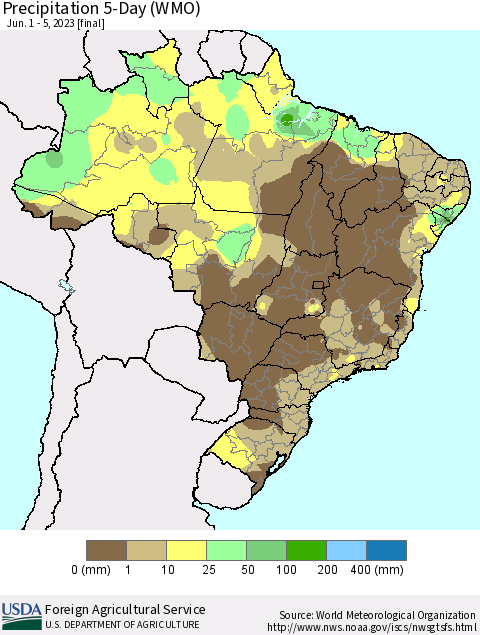 Brazil Precipitation 5-Day (WMO) Thematic Map For 6/1/2023 - 6/5/2023