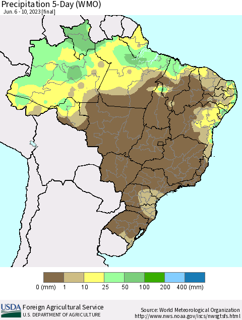 Brazil Precipitation 5-Day (WMO) Thematic Map For 6/6/2023 - 6/10/2023