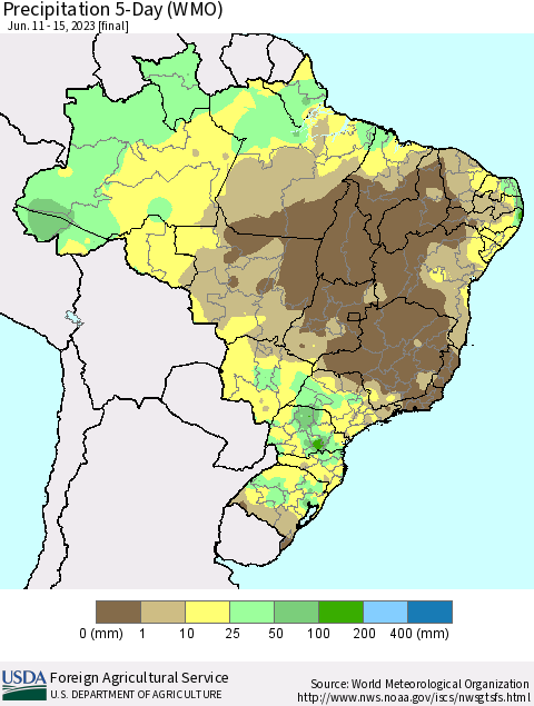 Brazil Precipitation 5-Day (WMO) Thematic Map For 6/11/2023 - 6/15/2023