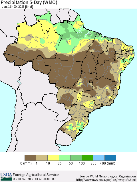Brazil Precipitation 5-Day (WMO) Thematic Map For 6/16/2023 - 6/20/2023