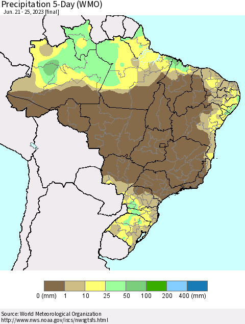 Brazil Precipitation 5-Day (WMO) Thematic Map For 6/21/2023 - 6/25/2023