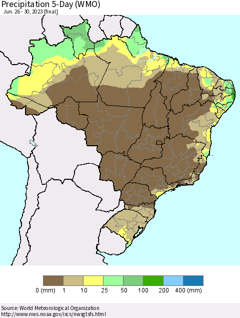 Brazil Precipitation 5-Day (WMO) Thematic Map For 6/26/2023 - 6/30/2023