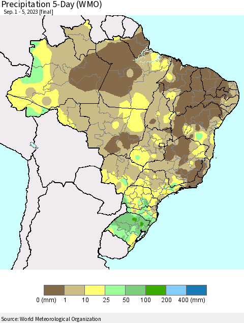 Brazil Precipitation 5-Day (WMO) Thematic Map For 9/1/2023 - 9/5/2023