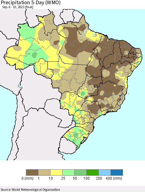 Brazil Precipitation 5-Day (WMO) Thematic Map For 9/6/2023 - 9/10/2023
