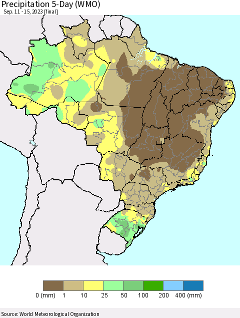 Brazil Precipitation 5-Day (WMO) Thematic Map For 9/11/2023 - 9/15/2023