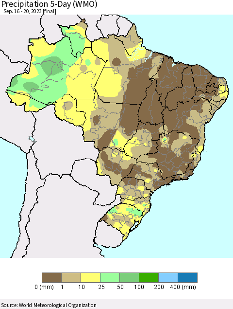 Brazil Precipitation 5-Day (WMO) Thematic Map For 9/16/2023 - 9/20/2023