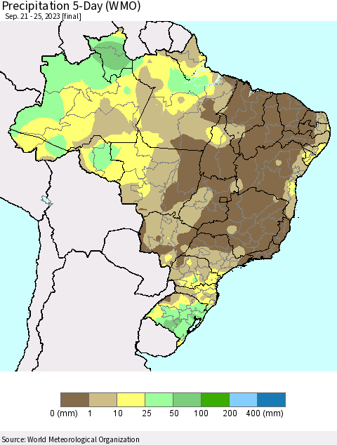 Brazil Precipitation 5-Day (WMO) Thematic Map For 9/21/2023 - 9/25/2023