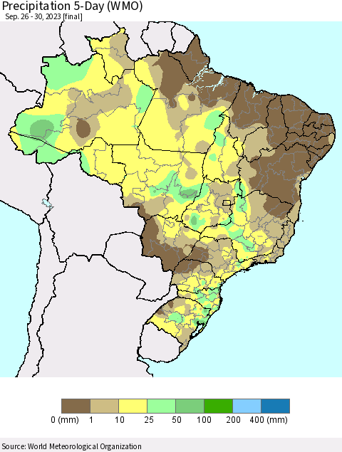 Brazil Precipitation 5-Day (WMO) Thematic Map For 9/26/2023 - 9/30/2023