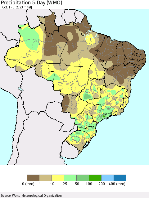 Brazil Precipitation 5-Day (WMO) Thematic Map For 10/1/2023 - 10/5/2023