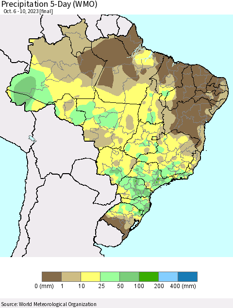 Brazil Precipitation 5-Day (WMO) Thematic Map For 10/6/2023 - 10/10/2023
