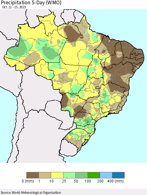 Brazil Precipitation 5-Day (WMO) Thematic Map For 10/11/2023 - 10/15/2023