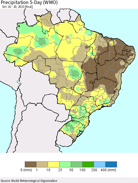 Brazil Precipitation 5-Day (WMO) Thematic Map For 10/16/2023 - 10/20/2023