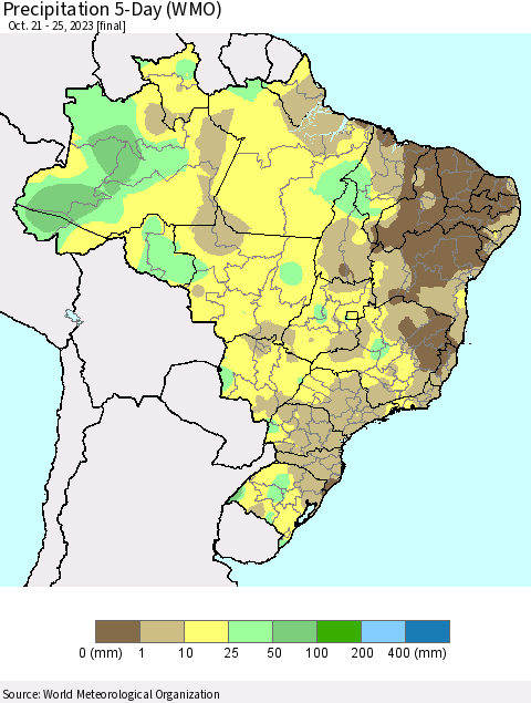 Brazil Precipitation 5-Day (WMO) Thematic Map For 10/21/2023 - 10/25/2023