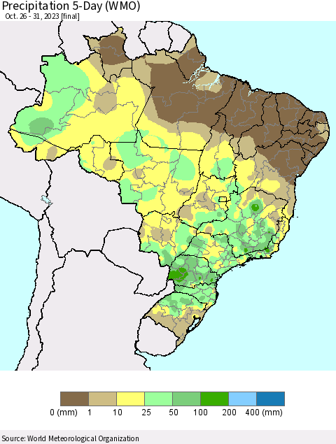 Brazil Precipitation 5-Day (WMO) Thematic Map For 10/26/2023 - 10/31/2023