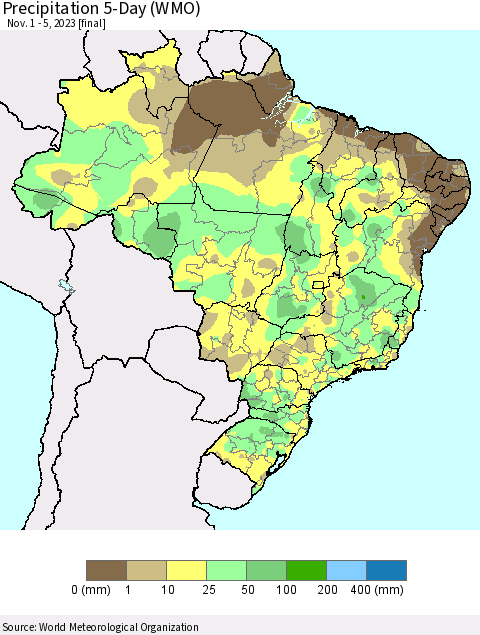 Brazil Precipitation 5-Day (WMO) Thematic Map For 11/1/2023 - 11/5/2023