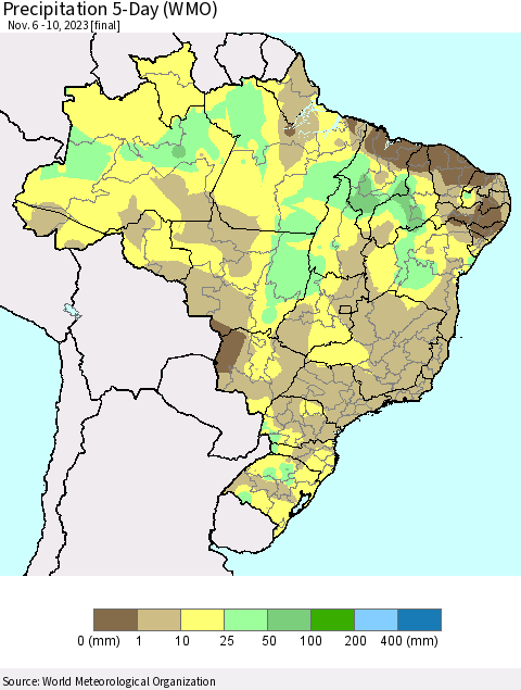 Brazil Precipitation 5-Day (WMO) Thematic Map For 11/6/2023 - 11/10/2023