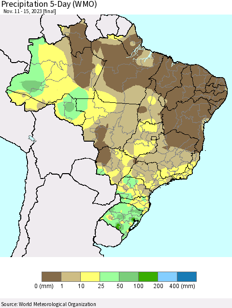 Brazil Precipitation 5-Day (WMO) Thematic Map For 11/11/2023 - 11/15/2023