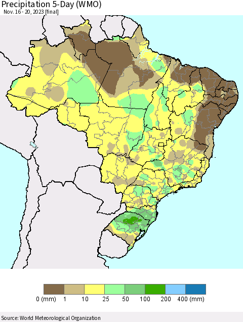 Brazil Precipitation 5-Day (WMO) Thematic Map For 11/16/2023 - 11/20/2023