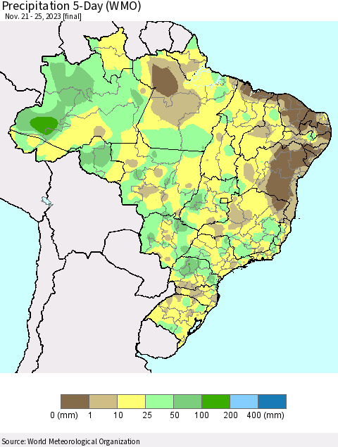 Brazil Precipitation 5-Day (WMO) Thematic Map For 11/21/2023 - 11/25/2023