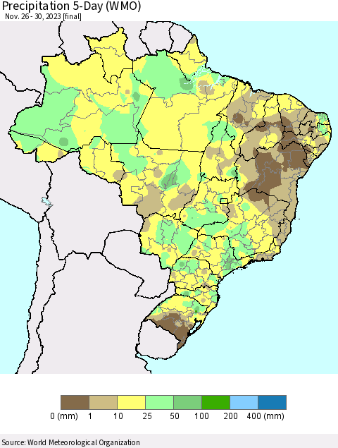 Brazil Precipitation 5-Day (WMO) Thematic Map For 11/26/2023 - 11/30/2023