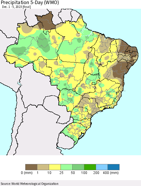 Brazil Precipitation 5-Day (WMO) Thematic Map For 12/1/2023 - 12/5/2023