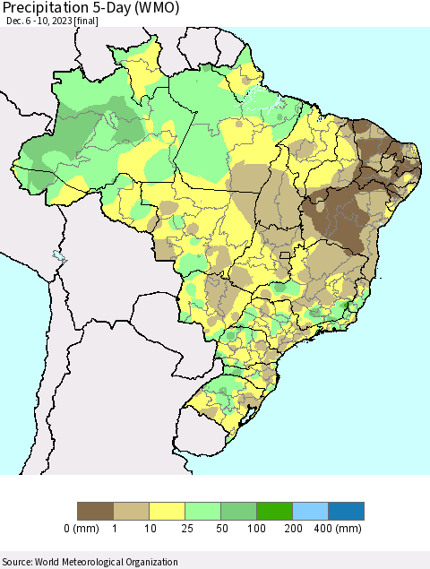 Brazil Precipitation 5-Day (WMO) Thematic Map For 12/6/2023 - 12/10/2023
