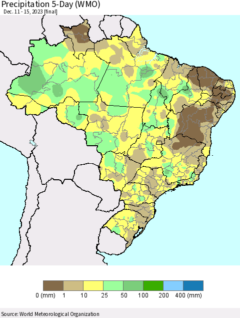 Brazil Precipitation 5-Day (WMO) Thematic Map For 12/11/2023 - 12/15/2023