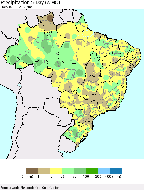 Brazil Precipitation 5-Day (WMO) Thematic Map For 12/16/2023 - 12/20/2023