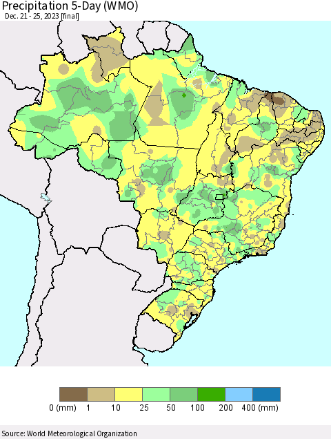 Brazil Precipitation 5-Day (WMO) Thematic Map For 12/21/2023 - 12/25/2023