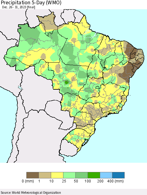 Brazil Precipitation 5-Day (WMO) Thematic Map For 12/26/2023 - 12/31/2023