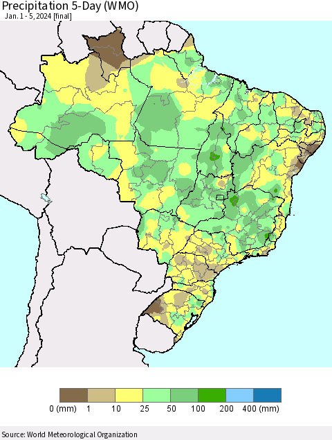 Brazil Precipitation 5-Day (WMO) Thematic Map For 1/1/2024 - 1/5/2024
