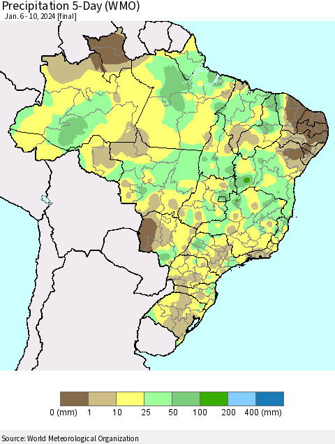 Brazil Precipitation 5-Day (WMO) Thematic Map For 1/6/2024 - 1/10/2024