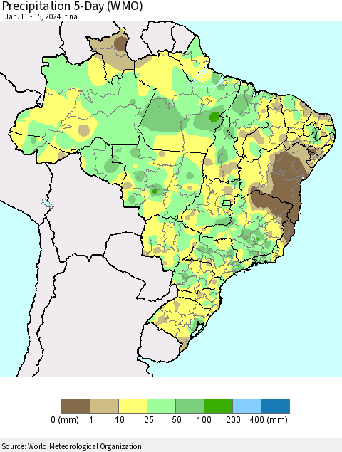 Brazil Precipitation 5-Day (WMO) Thematic Map For 1/11/2024 - 1/15/2024