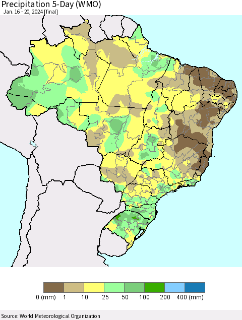 Brazil Precipitation 5-Day (WMO) Thematic Map For 1/16/2024 - 1/20/2024